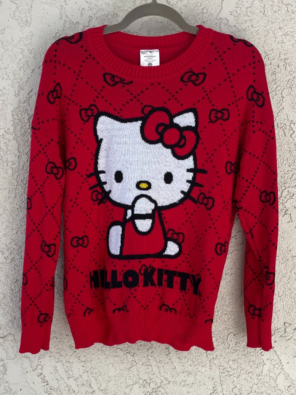 Hello Kitty Sanrio Red Black Argyle Bow Long Sleeve Knit Sweater Size Medium